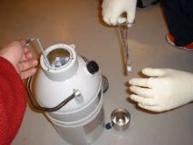 Vialをケーンに付ける(回収時)。ケーンから外すときはすぐにマグカップの中の液体窒素に落とす